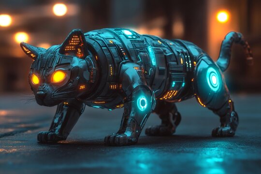 Robotic cat prowling in futuristic cityscape with glowing eyes
