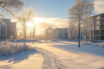Snowy Winter Pathway Through Apartment Complex