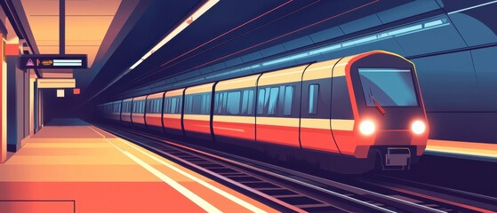 Obraz premium Vibrant Train Station Scene with Train at Platform in Evening Light