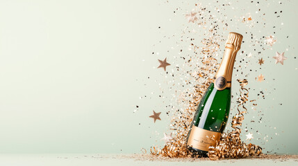 Celebratory Champagne Bottle with Glitter and Stars on Festive Background, happy b-day