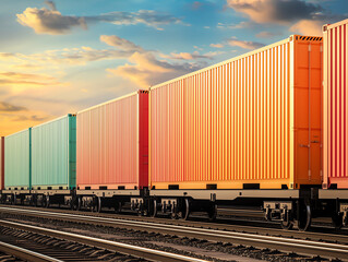 Obraz premium Colorful shipping containers lined up railway tracks symbolize logistics and transportation while promoting sustainability