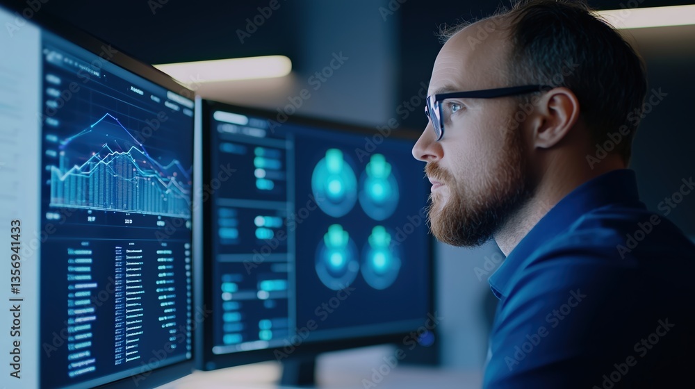 Aufkleber focused analyst using computer dashboard for data management insights