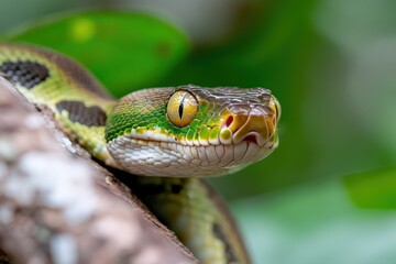 Obraz premium A stunning close-up of a vibrant green tree python nestled on a branch, showcasing its striking colors and intricate patterns, perfect for nature and wildlife enthusiasts.