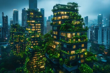 Fototapeta premium Green skyscrapers illuminating modern city at dusk, promoting sustainable architecture