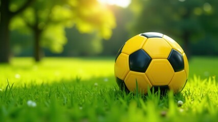 Fototapeta premium A vibrant yellow soccer ball rests peacefully on a lush green lawn, bathed in the warm glow of sunlight filtering through the trees.