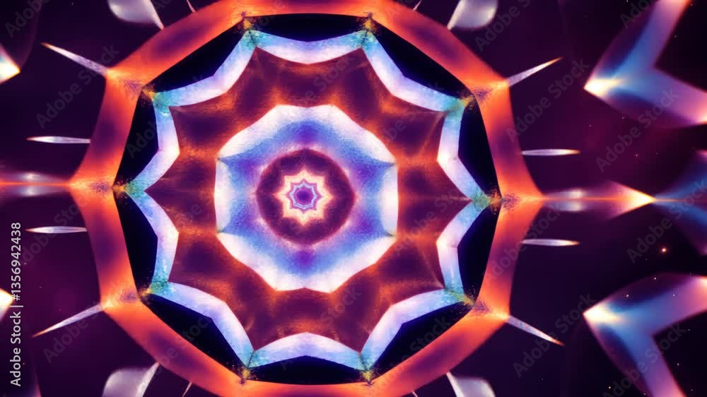 Poster a colorful design with a red center and blue and orange surrounding it. the design is made up of man