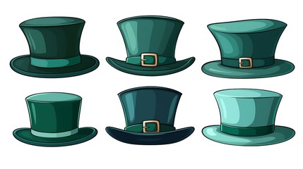 Six cartoon top hats in various shades of green and teal.