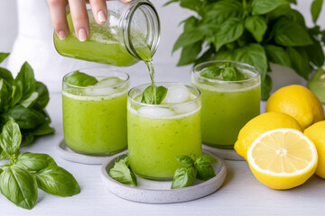 A refreshing homemade basil lemonade being poured into glasses filled with ice, garnished with fresh basil leaves. Bright yellow lemons and green basil create a fresh summer drink