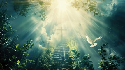 Dove flying up stone stairs in sunlight