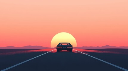 Retro Car Driving Towards Sunset on Open Road in Minimalist Style