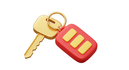Isolated Golden Key with Red and Yellow Car Remote