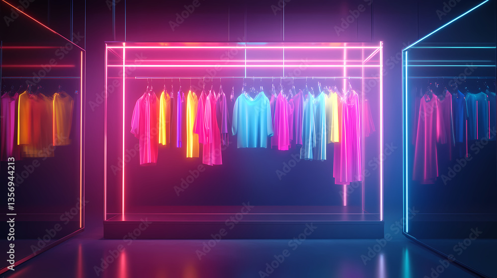 Poster neon apparel showcase: a vibrant array of clothing items, illuminated by neon lights, presents an al