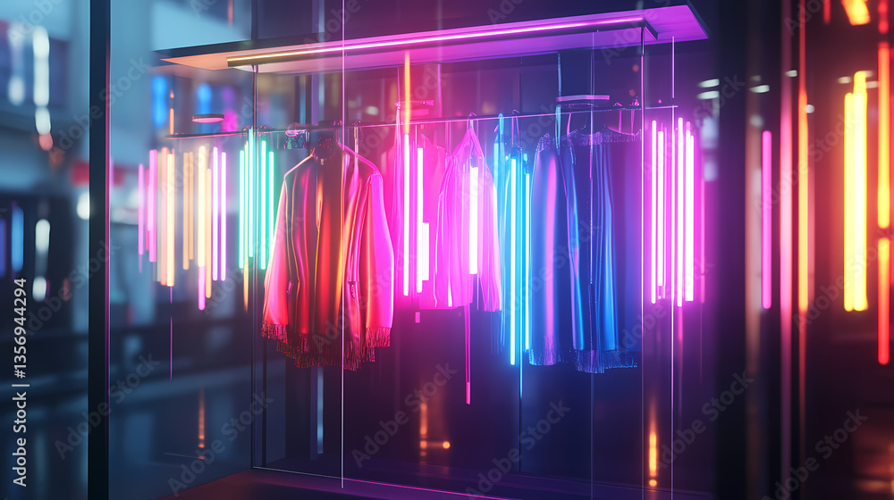 Poster neon dream: a display of clothing hanging on a rack illuminated by an array of neon lights, creating