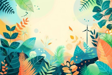 Obraz premium Eco-Friendly Abstract Vector Design with Wind Turbines, Solar Panels, and Leaves