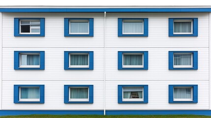 White building, blue trim, twelve windows, grassy base, modern architecture, stock photo