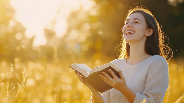 A young woman prays with a Bible in nature