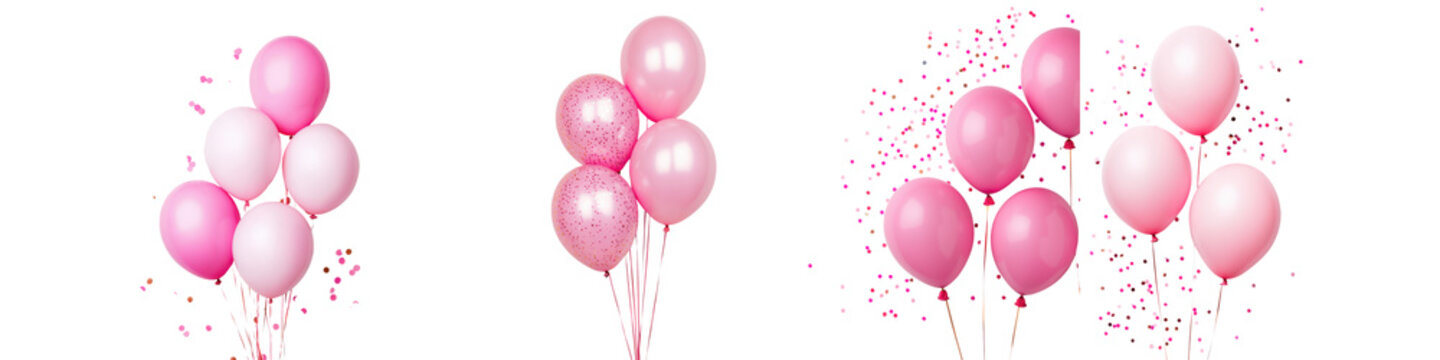 A collection of vibrant pink balloons of various sizes floating gracefully against a white background surrounded by scattered confetti creating a joyful and celebratory atmosphere