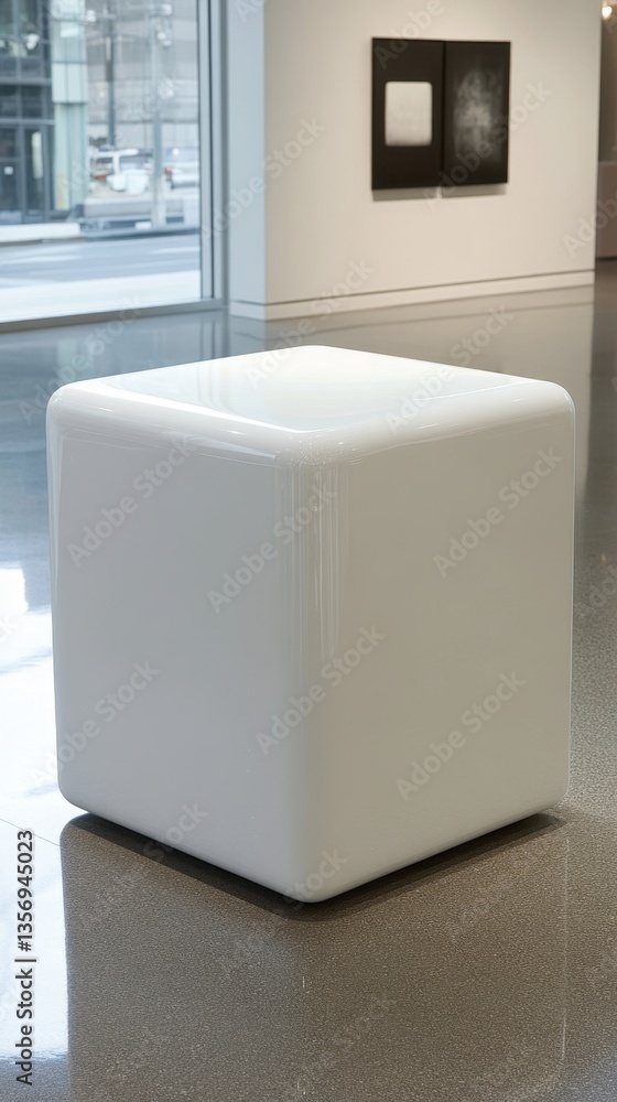 Poster minimalist white cube stool in modern art gallery with reflective floor and abstract artwork backdro