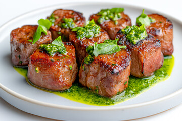 Juicy grilled beef medallions topped with vibrant green pesto sauce and fresh basil leaves, served on a white plate. A gourmet dish with rich flavors and elegant presentation