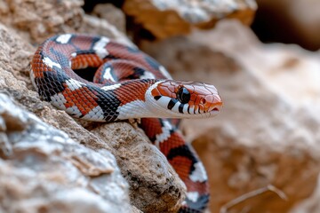 A vibrant, patterned snake poised on rocky terrain showcases its vivid colors and unique features, capturing the beauty and diversity of wildlife in its natural habitat.