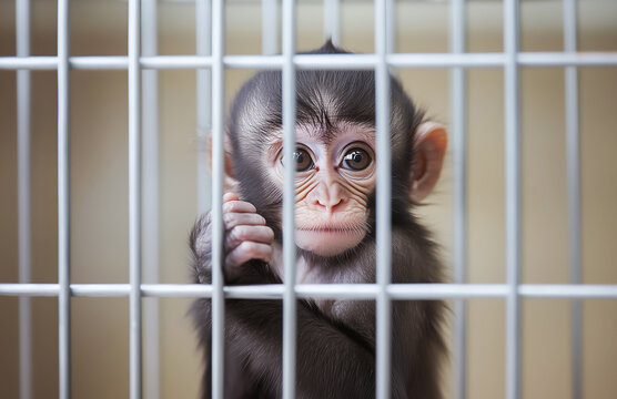 Little monkey sits inside lab cage gripping metal bars with small hands, eyes filled with curiosity, uncertainty Scene raises awareness about animal protection ethical treatment in scientific research