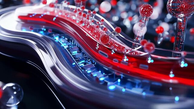 A closeup view of an artificial pancreas highlighting the fine details of bioengineered cells alongside compact electronic components where microfluidic channels transport simulated