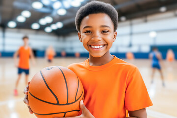 Smiling young boy in an orange jersey holding a basketball in a gymnasium, ready for practice or a game