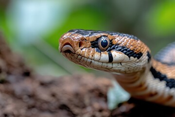 Fototapeta premium A sharp close-up of a uniquely patterned snake emphasizes its stunning features against a blurred background of green foliage, highlighting the beauty of wildlife and nature.