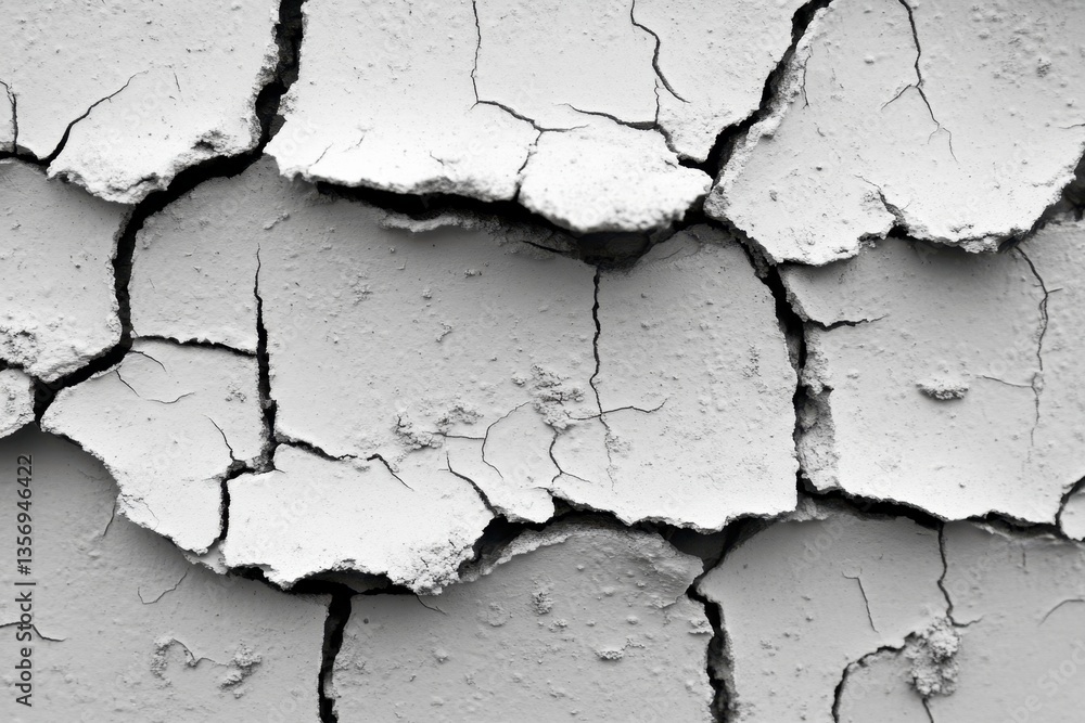 Poster monochrome image showcasing the intricate patterns of cracked dry mud in a close up shot emphasizing