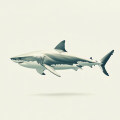 Obraz premium Majestic great white shark swimming gracefully against a neutral backdrop in a side view aquatic scene