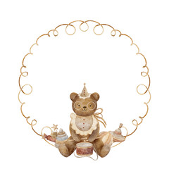Watercolor wreath ribbon vintage bear in costume plays drum. Illustration frame hand drawn in retro style on isolated background, copy space template for children's cards, christmas, hobby, handmade