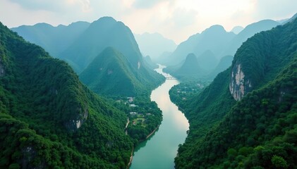 Aerial view of Phong Nha's dramatic landscapes with rivers, valleys, lush greenery, 4K resolution,  rivers,  dramatic