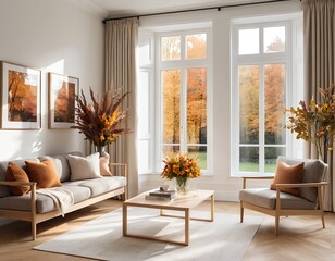 Cozy Autumn Living Room Interior with Bay Window