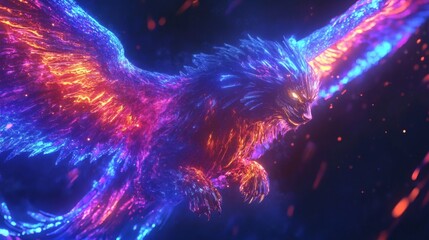 Vibrant winged lion in futuristic style with neon digital effects image