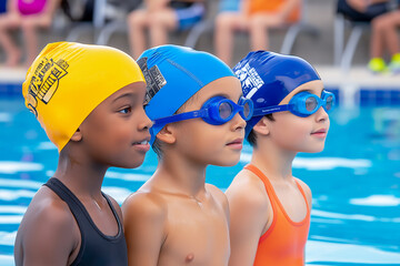 Three young children wearing swimming caps and goggles, standing at the edge of a swimming pool, focused and ready to swim