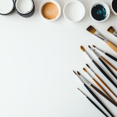 Art supplies are scattered on a white table, minimalism, Screensaver style