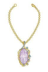 Fototapeta premium Jewelry design vintage art gold necklace set with amethyst and blue topaz hand drawing. 