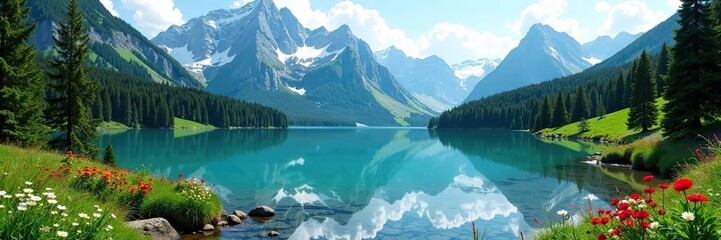 Aerial view of snow-capped mountains reflecting in a crystal-clear lake surrounded by lush green forests and colorful wildflowers,  lush,  lake