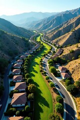 Aerial view of Simi Valley in California with suburban homes, green parks, and winding roads,  landscape,  homes