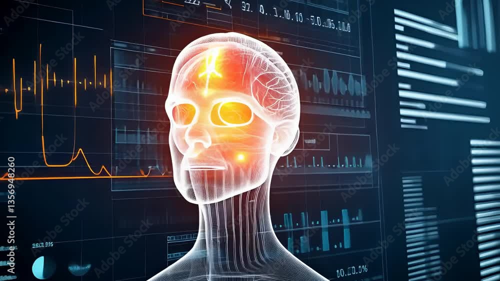 Aufkleber futuristic medical interface showing human head scan with glowing neural activity and real-time heal