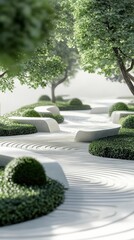 Serene Modern Landscape Design with Curved Pathways and Greenery