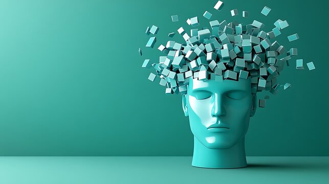 Exploding head, teal human bust, cube fragments, mental health.