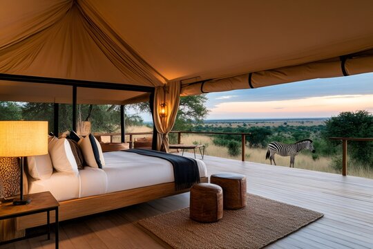Glamping tent overlooking scenic african savanna at sunset with zebra grazing - Powered by Adobe