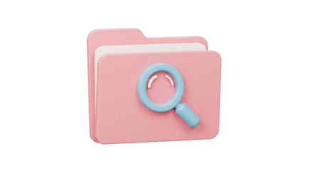 Isolated Pink Folder with Magnifying Glass for Data Search