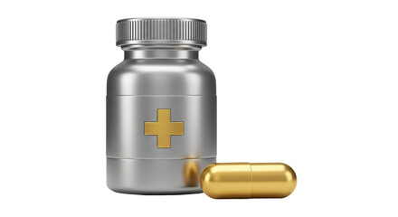 Isolated Medical Pill Bottle with Golden Capsule Representing Medication and Health