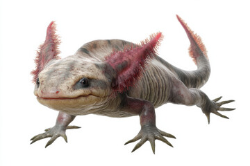 Naklejka premium Axolotl in a swimming position, set against a white background to showcase unique features 