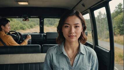 Smiling Japanese female freelancer working remotely from a unique and inspiring location inside a camper van, embracing the freedom and flexibility of a location-independent career