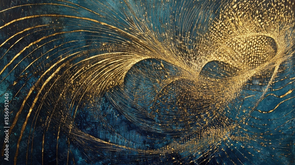 Poster abstract artistic design featuring dynamic flowing lines and golden particles against a deep blue ba