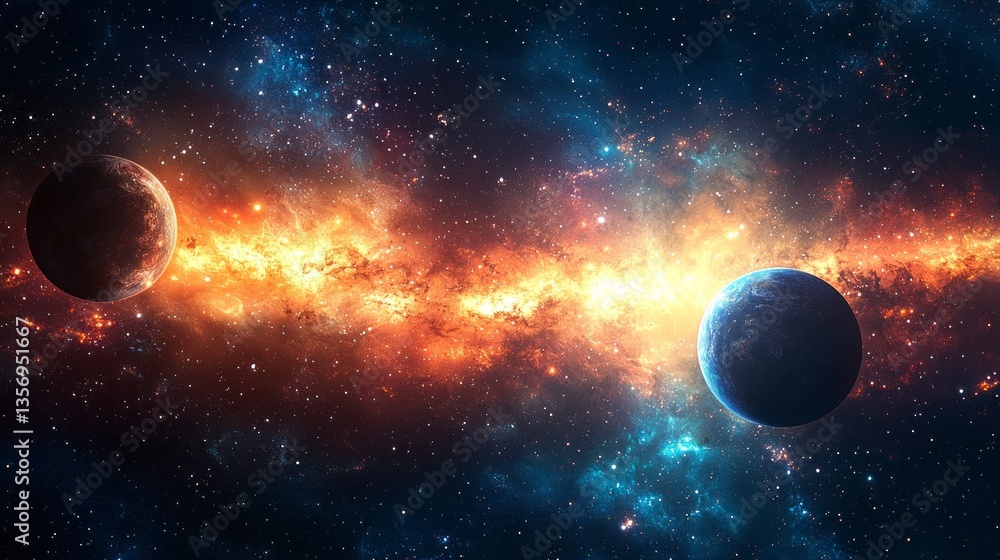 Poster two planets float gracefully in a colorful expanse adorned with swirling galactic clouds and twinkli