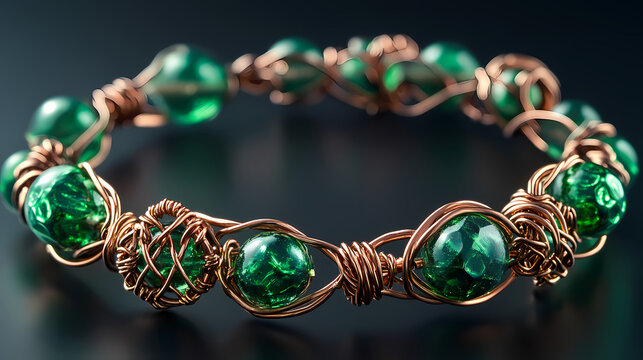 Jeweled Bracelet Elegance: A handcrafted bracelet, showcasing exquisite green beads intertwined with delicate copper wire, capturing the artistry of jewelry design and accessorizing.